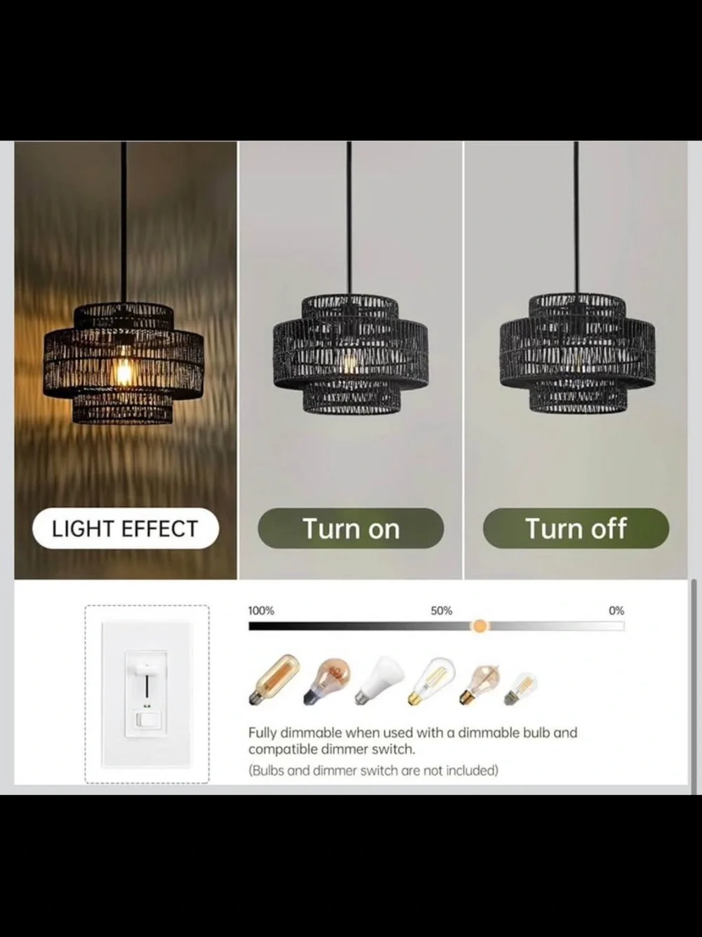 NIB 12.4” Black Boho Rattan Chandelier Light Fixture, 1-Light Hand Woven Pendant